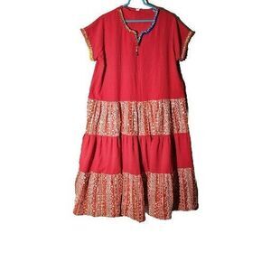 Bohemian India Decorated Kurta  Midi Dress Women Size M-L  Red  Cultural Glamor